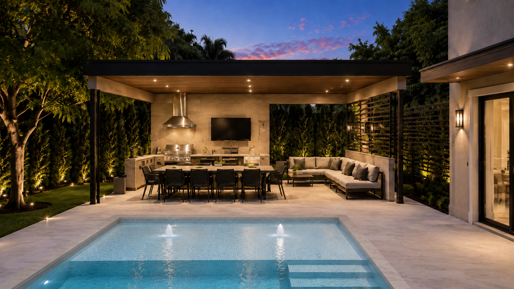 Aluminum pergola, floating roof and BBQ outdoor kitchen detail